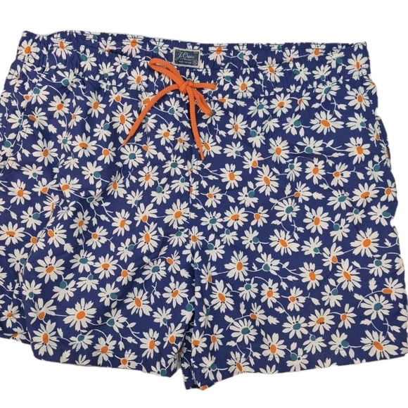J. Crew Mens Blue Floral Swim Trunks with Orange Accents - Picture 2 of 7